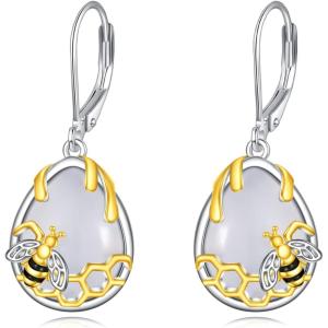 YFN Bee/Flower/Hummingbird Bird Moonstone Earrings 925 Sterling Silver Teardrop Dangle Hypoallergenic Leverback Earring for Women(Silver-Honeybee Bee Jade Earrings)