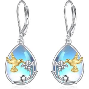 YFN Bee/Flower/Hummingbird Bird Moonstone Earrings 925 Sterling Silver Teardrop Dangle Hypoallergenic Leverback Earring for Women(Silver-Hummingbird Earrings)