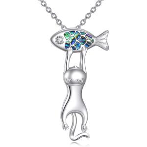 YFN Cat Necklace Sterling Silver Jewelry for Women Cat Jewelry Gifts(Cat Necklace with Fish)