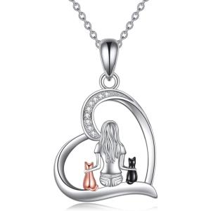 YFN Cat Necklace Sterling Silver Jewelry for Women Cat Jewelry Gifts(Silver-Two Cat Necklace)