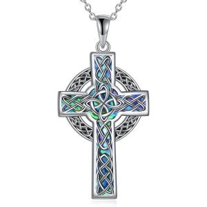 YFN Celtic Cross Necklace Sterling Silver Celtic Triquetra Trinity Pendant Abalone Shell Cross Jewelry Gifts for Women Men