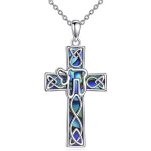 YFN Celtic Cross Necklace Sterling Silver Religious Cross Pendant Abalone Shell Cross Jewelry Christian Gift for Women Men(A. Chai)