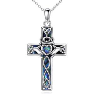 YFN Celtic Cross Necklace Sterling Silver Religious Cross Pendant Abalone Shell Cross Jewelry Christian Gift for Women Men(A. Claddagh)
