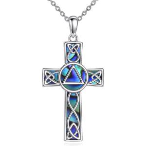 YFN Celtic Cross Necklace Sterling Silver Religious Cross Pendant Abalone Shell Cross Jewelry Christian Gift for Women Men(A. Sobriety AA)