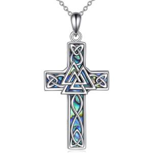 YFN Celtic Cross Necklace Sterling Silver Religious Cross Pendant Abalone Shell Cross Jewelry Christian Gift for Women Men(A. Valknut)