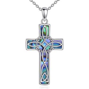 YFN Celtic Cross Necklace Sterling Silver Religious Cross Pendant Abalone Shell Cross Jewelry Christian Gift for Women Men(A. Witches Knot)