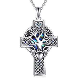 YFN Celtic Cross Necklace Sterling Silver Religious Cross Pendant Abalone Shell Cross Jewelry Christian Gift for Women Men(B. Claddagh Tree)