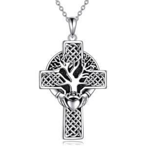 YFN Celtic Cross Necklace Sterling Silver Religious Cross Pendant Abalone Shell Cross Jewelry Christian Gift for Women Men(C. Claddagh Tree)