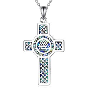 YFN Celtic Cross Necklace Sterling Silver Religious Cross Pendant Abalone Shell Cross Jewelry Christian Gift for Women Men(D. Viking Valknut)