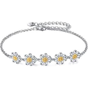 YFN Compass/Flower/Dog/Cat/Hummingbird/Cardinal/Tree of Life/Cat Animal Bracelets Sterling Silver Adjustable Bracelet Jewelry Gifts for Women 7+2″(Silver-Daisy Flower Bracelets for Women)