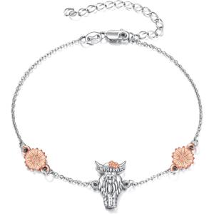 YFN Compass/Flower/Dog/Cat/Hummingbird/Cardinal/Tree of Life/Cat Animal Bracelets Sterling Silver Adjustable Bracelet Jewelry Gifts for Women 7+2″(Silver-Highland Cow Bracelet for Women)