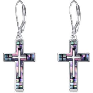 YFN Cross Earrings Sterling Silver Dangle Drop Leverback Cross Earrings Religion Jewelry Christians Gifts for Women Men(A-Abalone Shell)