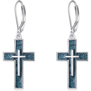 YFN Cross Earrings Sterling Silver Dangle Drop Leverback Cross Earrings Religion Jewelry Christians Gifts for Women Men(A-Turquoise)
