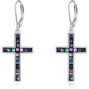 YFN Cross Earrings Sterling Silver Dangle Drop Leverback Cross Earrings Religion Jewelry Christians Gifts for Women Men(B-Abalone Shell)