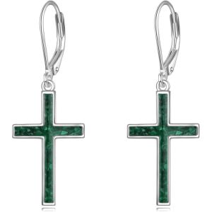 YFN Cross Earrings Sterling Silver Dangle Drop Leverback Cross Earrings Religion Jewelry Christians Gifts for Women Men(B-Green Malachite)