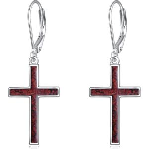 YFN Cross Earrings Sterling Silver Dangle Drop Leverback Cross Earrings Religion Jewelry Christians Gifts for Women Men(B-Red Coral)