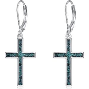 YFN Cross Earrings Sterling Silver Dangle Drop Leverback Cross Earrings Religion Jewelry Christians Gifts for Women Men(B-Turquoise)