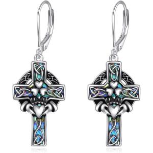 YFN Cross Earrings Sterling Silver Dangle Drop Leverback Cross Earrings Religion Jewelry Christians Gifts for Women Men(C-Claddagh)