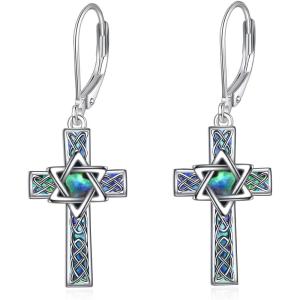 YFN Cross Earrings Sterling Silver Dangle Drop Leverback Cross Earrings Religion Jewelry Christians Gifts for Women Men(C-Star of David)
