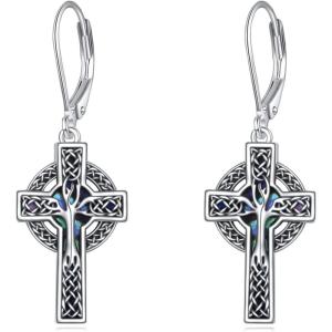 YFN Cross Earrings Sterling Silver Dangle Drop Leverback Cross Earrings Religion Jewelry Christians Gifts for Women Men(C-Tree of Life)