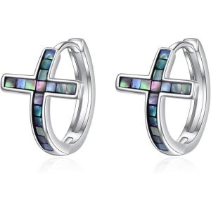 YFN Cross Earrings Sterling Silver Dangle Drop Leverback Cross Earrings Religion Jewelry Christians Gifts for Women Men(F-Abalone Cross Hoop)