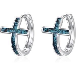 YFN Cross Earrings Sterling Silver Dangle Drop Leverback Cross Earrings Religion Jewelry Christians Gifts for Women Men(F-Turquoise Cross Hoop)