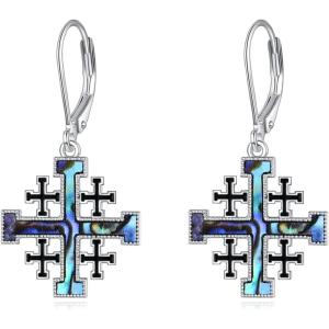 YFN Cross Earrings Sterling Silver Dangle Drop Leverback Cross Earrings Religion Jewelry Christians Gifts for Women Men(G-Crusader Jerusalem)