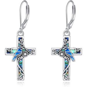 YFN Cross Earrings Sterling Silver Dangle Drop Leverback Cross Earrings Religion Jewelry Christians Gifts for Women Men(I-Blue Jay)