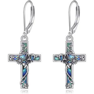 YFN Cross Earrings Sterling Silver Dangle Drop Leverback Cross Earrings Religion Jewelry Christians Gifts for Women Men(I-Butterfly)