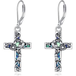 YFN Cross Earrings Sterling Silver Dangle Drop Leverback Cross Earrings Religion Jewelry Christians Gifts for Women Men(I-Cat)