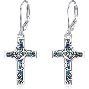 YFN Cross Earrings Sterling Silver Dangle Drop Leverback Cross Earrings Religion Jewelry Christians Gifts for Women Men(I-Dove)