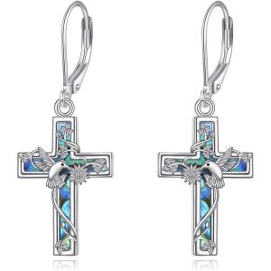 YFN Cross Earrings Sterling Silver Dangle Drop Leverback Cross Earrings Religion Jewelry Christians Gifts for Women Men(I-Hummingbird)