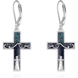 YFN Cross Earrings Sterling Silver Dangle Drop Leverback Cross Earrings Religion Jewelry Christians Gifts for Women Men(I-Lighthouse)