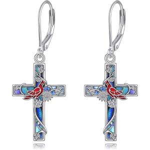 YFN Cross Earrings Sterling Silver Dangle Drop Leverback Cross Earrings Religion Jewelry Christians Gifts for Women Men(I-Red Cardinal)