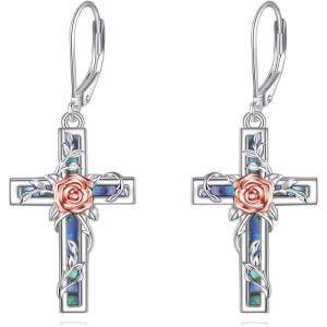 YFN Cross Earrings Sterling Silver Dangle Drop Leverback Cross Earrings Religion Jewelry Christians Gifts for Women Men(I-Rose Flower)
