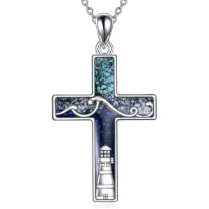 YFN Cross Necklace Sterling Silver Mountain and Ocean Pendant Religious Jewelry Gifts for Women Men(Lighthouse)