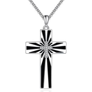 YFN Cross Necklace Sterling Silver Religious Cross Pendant Christians Jewelry Gifts for Women Men(Black and White)