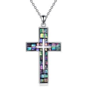 YFN Cross Necklace Sterling Silver Religious Cross Pendant Jewelry Christian Gifts for Women Men(A. Abalone Shell)