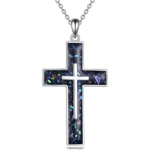 YFN Cross Necklace Sterling Silver Religious Cross Pendant Jewelry Christian Gifts for Women Men(A. Abalone Shell Randomized)