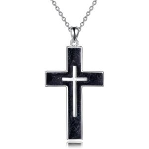 YFN Cross Necklace Sterling Silver Religious Cross Pendant Jewelry Christian Gifts for Women Men(A. Black Tourmaline)