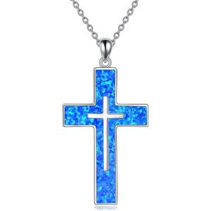 YFN Cross Necklace Sterling Silver Religious Cross Pendant Jewelry Christian Gifts for Women Men(A. Blue Opal)