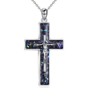 YFN Cross Necklace Sterling Silver Religious Cross Pendant Jewelry Christian Gifts for Women Men(A. Crucifix Abalone Shell)