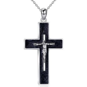 YFN Cross Necklace Sterling Silver Religious Cross Pendant Jewelry Christian Gifts for Women Men(A. Crucifix Black Tourmaline)