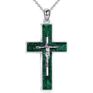 YFN Cross Necklace Sterling Silver Religious Cross Pendant Jewelry Christian Gifts for Women Men(A. Crucifix Green Malachite)