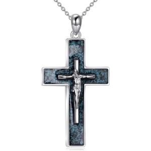 YFN Cross Necklace Sterling Silver Religious Cross Pendant Jewelry Christian Gifts for Women Men(A. Crucifix Turquoise)