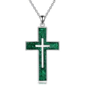 YFN Cross Necklace Sterling Silver Religious Cross Pendant Jewelry Christian Gifts for Women Men(A. Green Malachite)