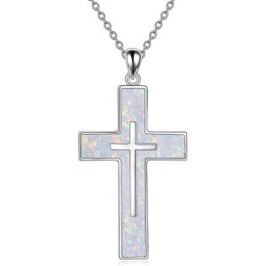 YFN Cross Necklace Sterling Silver Religious Cross Pendant Jewelry Christian Gifts for Women Men(A. White Opal)