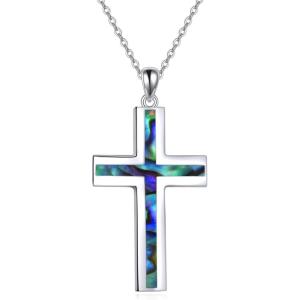 YFN Cross Necklace Sterling Silver Religious Cross Pendant Jewelry Christian Gifts for Women Men(B. Abalone Shell Piece)