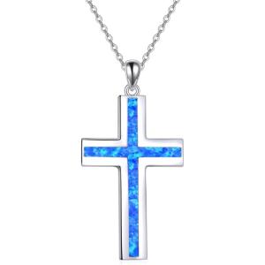 YFN Cross Necklace Sterling Silver Religious Cross Pendant Jewelry Christian Gifts for Women Men(B. Blue Opal)