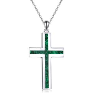 YFN Cross Necklace Sterling Silver Religious Cross Pendant Jewelry Christian Gifts for Women Men(B. Green Malachite)